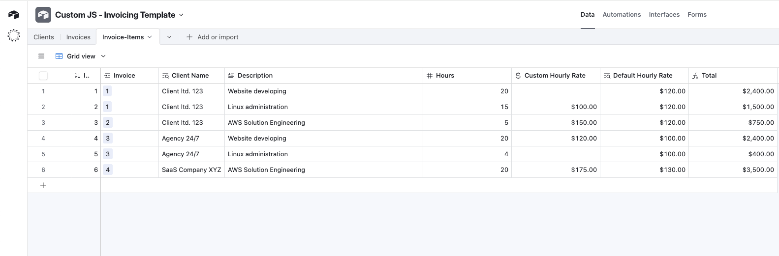 Airtable Invoice Items table for line items