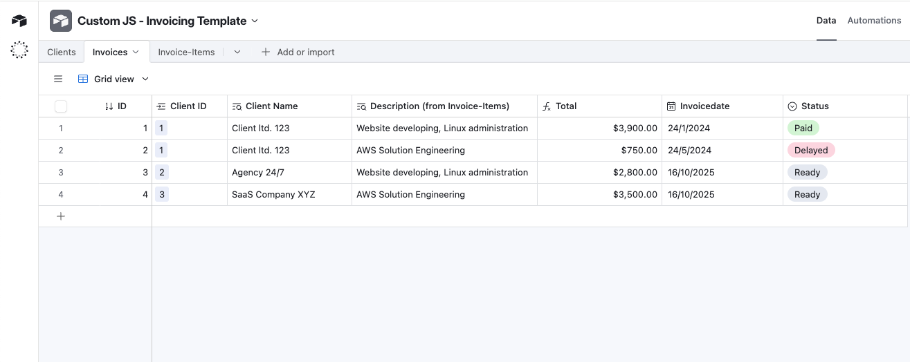 Airtable Invoices table for invoice management