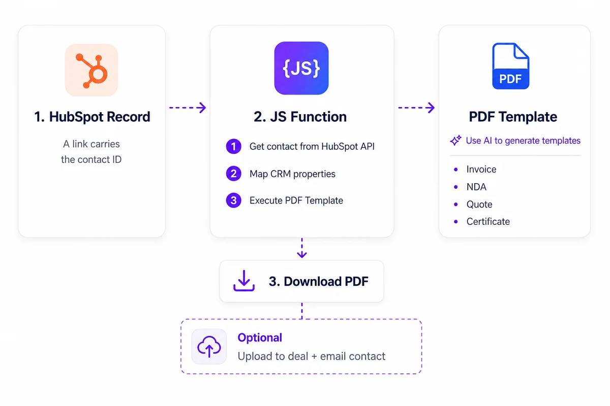 Flow diagram: a HubSpot record's link carries the contact ID to a CustomJS {JS} function that gets the contact from the HubSpot API, maps CRM properties, and executes a PDF template, producing a branded PDF (invoice, NDA, quote, or certificate) that can be downloaded and optionally uploaded to the deal and emailed to the contact