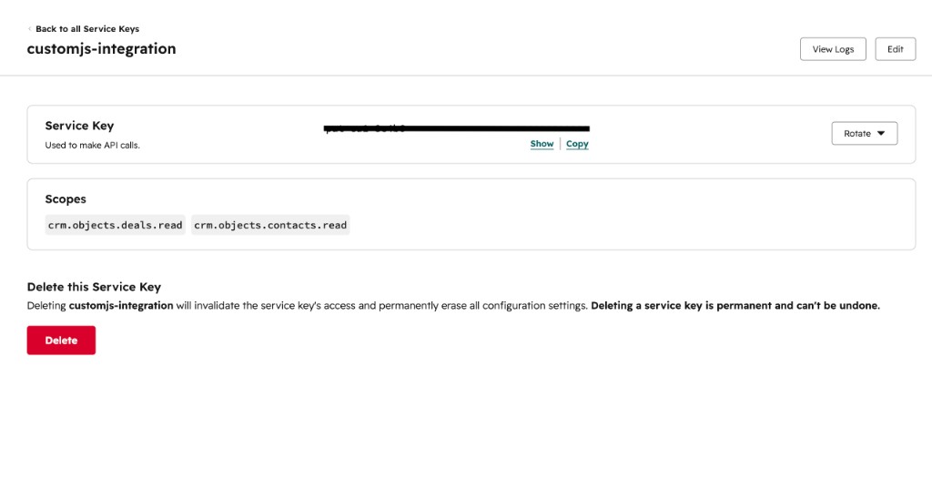 A HubSpot Service Key named customjs-integration with crm.objects.contacts.read and crm.objects.deals.read scopes