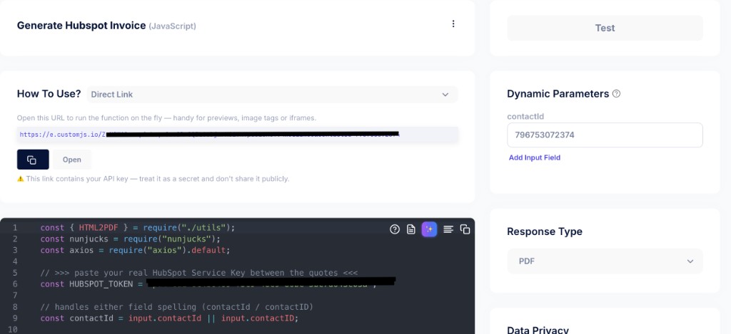 The CustomJS function in the code editor that fetches a HubSpot contact and renders a PDF, with its invocation URL at the top