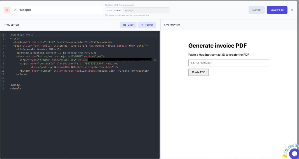 The Generate PDF page built in the CustomJS HTML Pages editor, with a live preview of the Enter contact ID form
