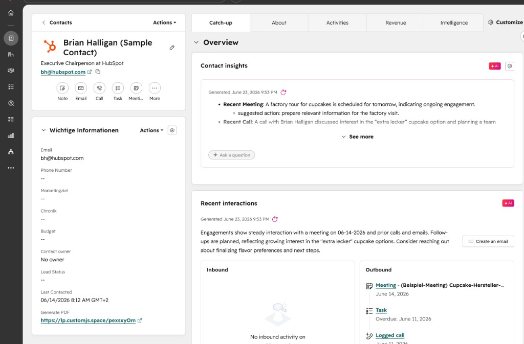 A HubSpot contact record showing the Generate PDF property as a clickable link to the hosted page