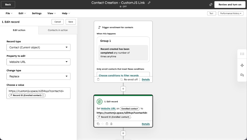 A HubSpot workflow with a Set property value action that writes the CustomJS function URL plus the record's ID token into a link property