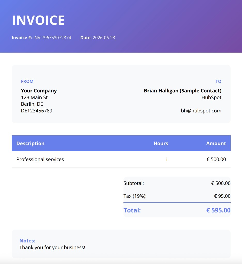 The finished branded invoice PDF generated from HubSpot data, addressed to a sample contact