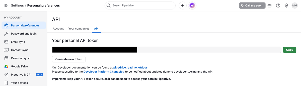 The Pipedrive personal API token screen under Company settings, Personal preferences, API, with the token ready to copy