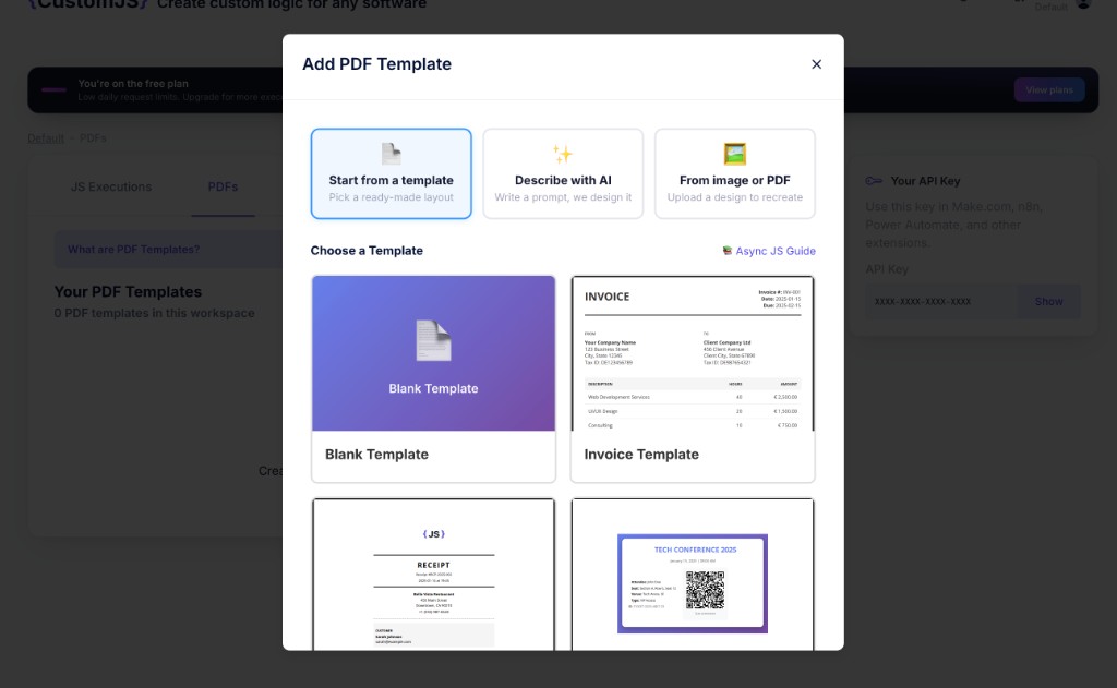 The Add PDF Template modal in CustomJS showing three creation methods: start from a ready-made layout, describe with AI, or upload an image or PDF to recreate