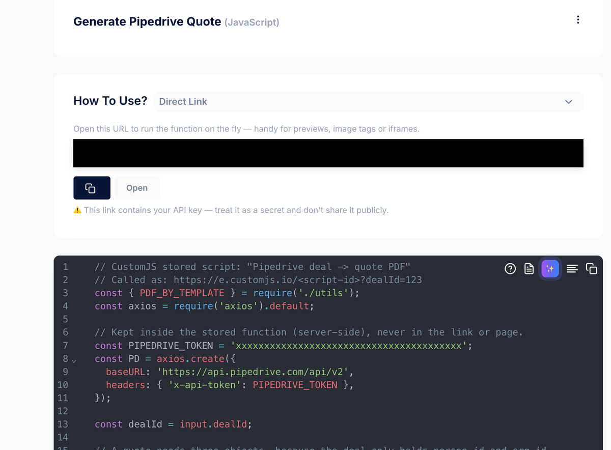 The Generate Pipedrive Quote function in the CustomJS editor, showing its Direct Link invocation URL and the JavaScript that fetches the deal and renders the PDF template