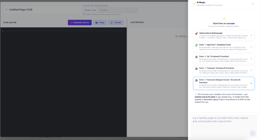 The CustomJS AI Page Generation modal showing example prompts and a list of available JS functions the AI can connect to
