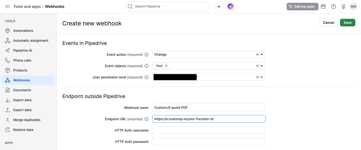 The Pipedrive webhook creation screen under Settings, Tools and apps, Webhooks, with event action change, event object deal, and the CustomJS function URL as the subscription URL
